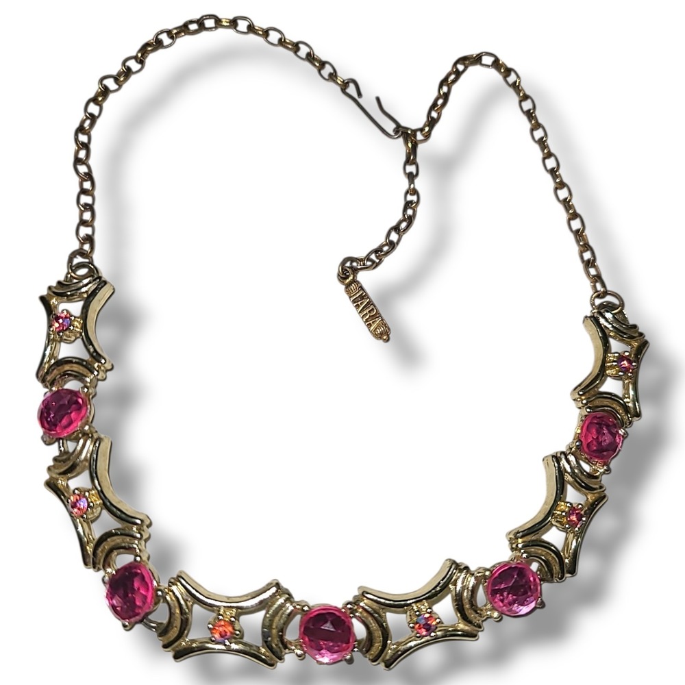 Vintage Tara Signed Gold Tone Pink Rhinestone Statement Necklace 17"